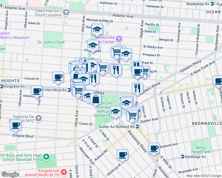 map of restaurants, bars, coffee shops, grocery stores, and more near 1527 Lincoln Place in Brooklyn