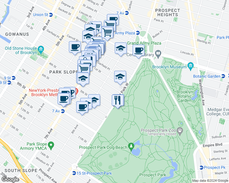 map of restaurants, bars, coffee shops, grocery stores, and more near 621 2nd Street in Brooklyn