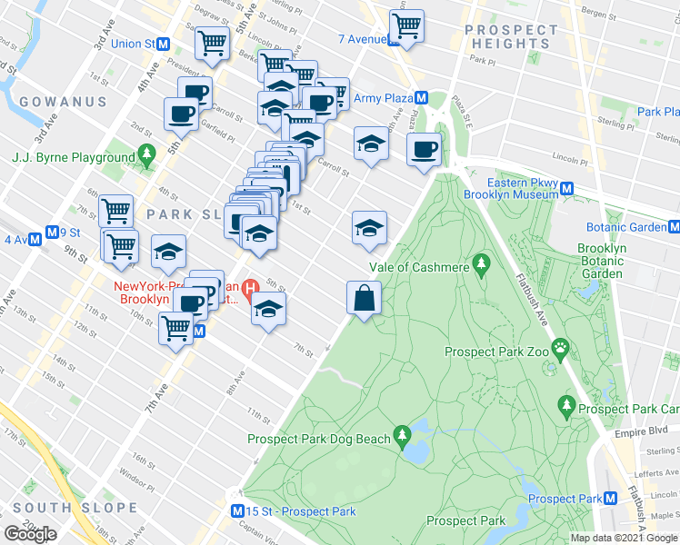 map of restaurants, bars, coffee shops, grocery stores, and more near 582 8th Street in Brooklyn