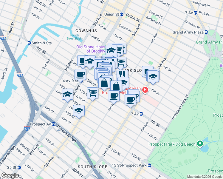 map of restaurants, bars, coffee shops, grocery stores, and more near 315 8th Street in Brooklyn