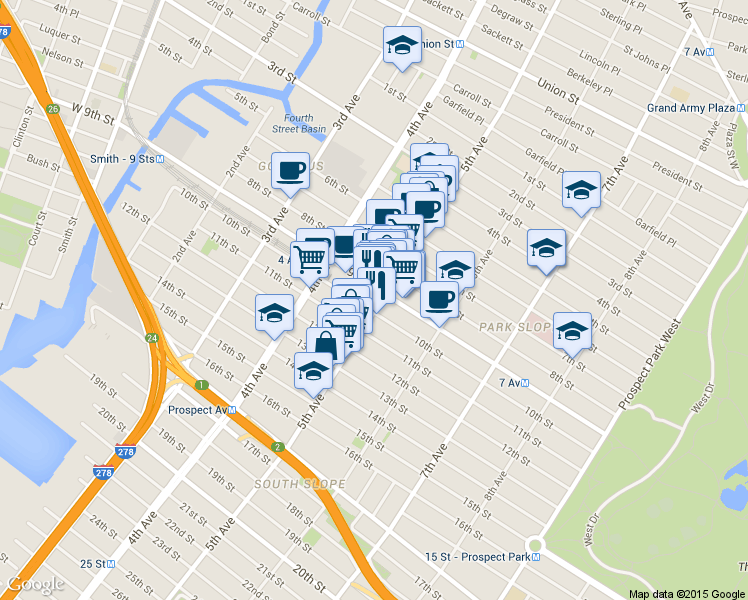 map of restaurants, bars, coffee shops, grocery stores, and more near 284 9th Street in Brooklyn