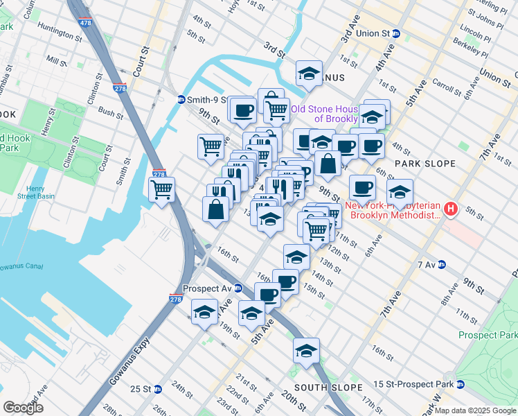 map of restaurants, bars, coffee shops, grocery stores, and more near 171 12th Street in Brooklyn