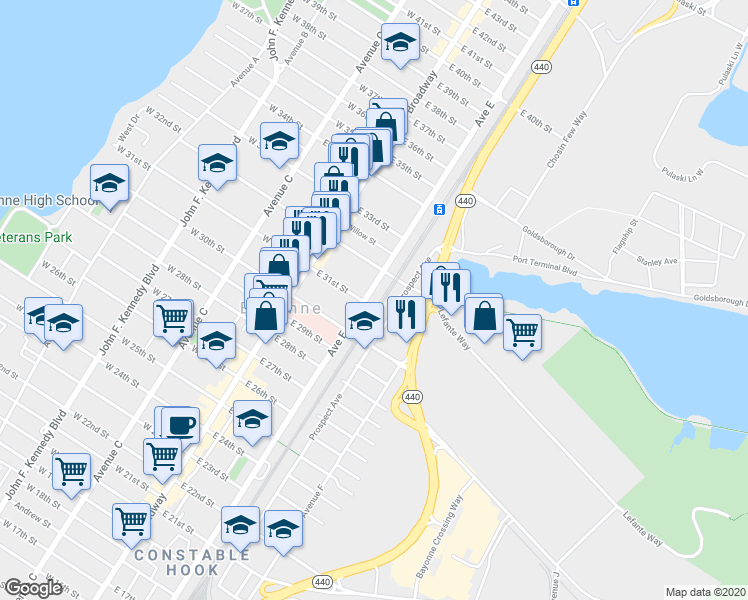 map of restaurants, bars, coffee shops, grocery stores, and more near 461 Avenue E in Bayonne