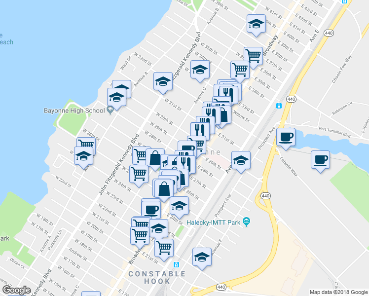 map of restaurants, bars, coffee shops, grocery stores, and more near 24 West 30th Street in Bayonne