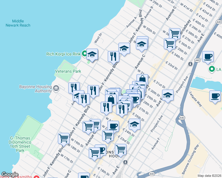 map of restaurants, bars, coffee shops, grocery stores, and more near 97 West 27th Street in Bayonne