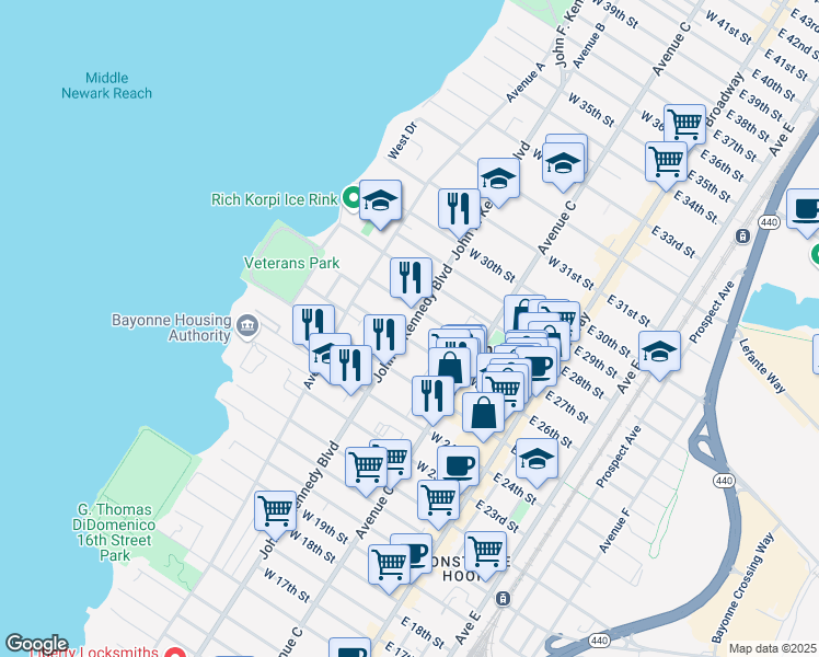 map of restaurants, bars, coffee shops, grocery stores, and more near 122 West 27th Street in Bayonne
