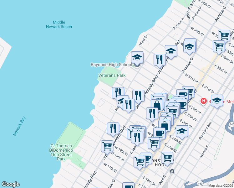 map of restaurants, bars, coffee shops, grocery stores, and more near 169 West 25th Street in Bayonne