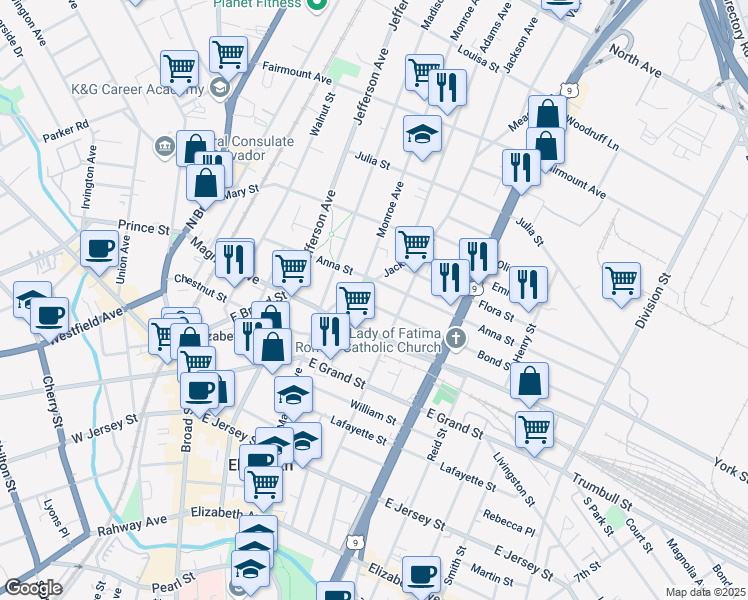 map of restaurants, bars, coffee shops, grocery stores, and more near 1074 Anna Street in Elizabeth