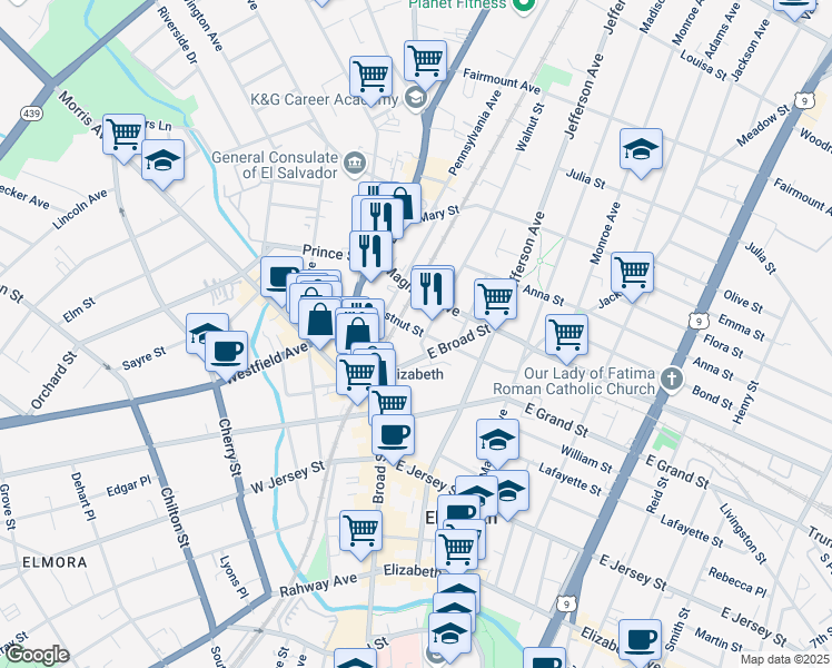 map of restaurants, bars, coffee shops, grocery stores, and more near 1183-1185 Chestnut Street in Elizabeth