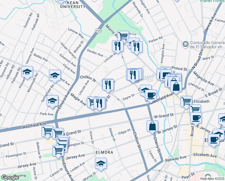 map of restaurants, bars, coffee shops, grocery stores, and more near 156 Elm Street in Elizabeth
