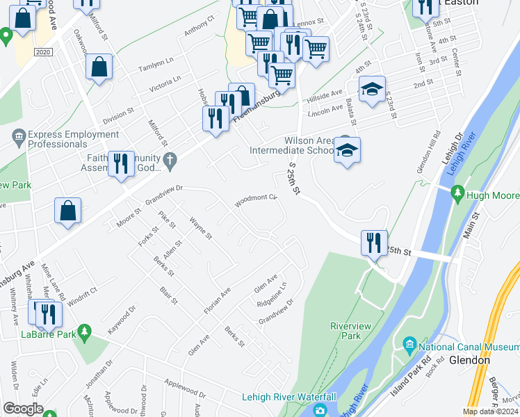 map of restaurants, bars, coffee shops, grocery stores, and more near 78 Grandview Drive in Easton