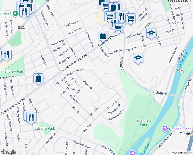 map of restaurants, bars, coffee shops, grocery stores, and more near 78 Grandview Drive in Easton
