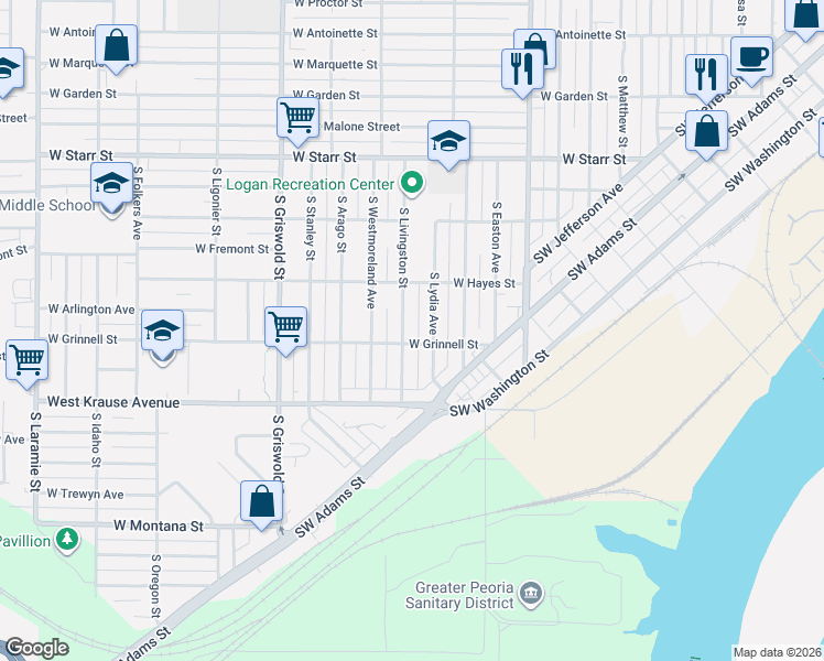 map of restaurants, bars, coffee shops, grocery stores, and more near 1636 South Livingston Street in Peoria