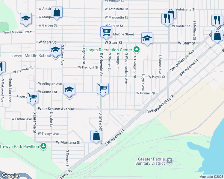map of restaurants, bars, coffee shops, grocery stores, and more near 1701 South Arago Street in Peoria