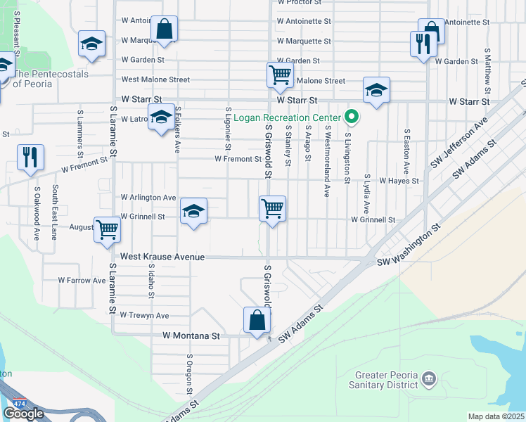 map of restaurants, bars, coffee shops, grocery stores, and more near 1706 South Griswold Street in Peoria