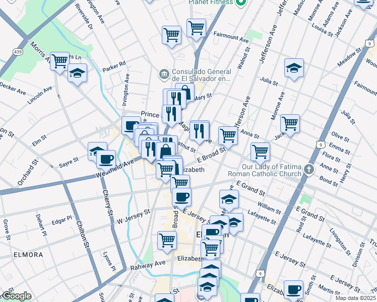 map of restaurants, bars, coffee shops, grocery stores, and more near 1180 Chestnut Street in Elizabeth