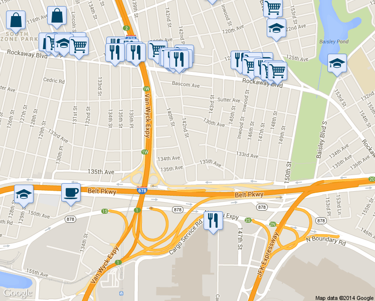 map of restaurants, bars, coffee shops, grocery stores, and more near 133-10 142nd Street in Queens