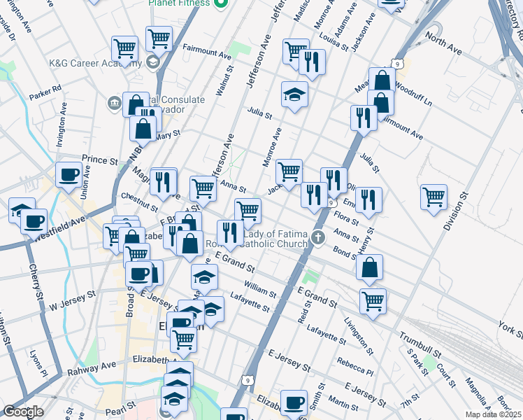 map of restaurants, bars, coffee shops, grocery stores, and more near 1074 Anna Street in Elizabeth