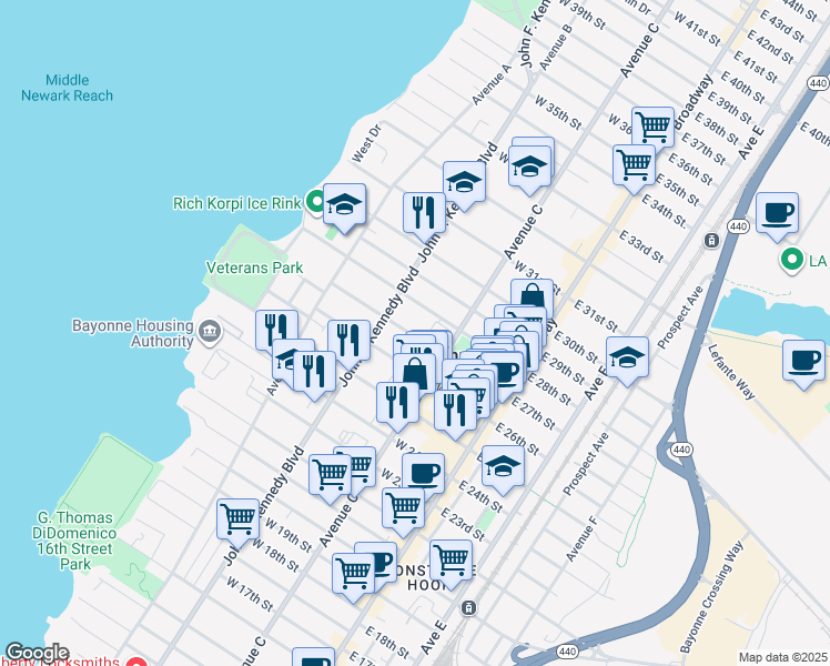 map of restaurants, bars, coffee shops, grocery stores, and more near 97 West 27th Street in Bayonne