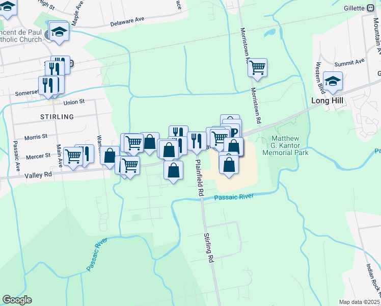 map of restaurants, bars, coffee shops, grocery stores, and more near 1057 Valley Road in Long Hill
