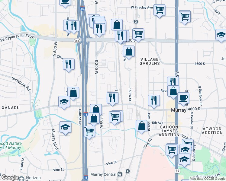map of restaurants, bars, coffee shops, grocery stores, and more near 4727 South Dufftown Place in Murray