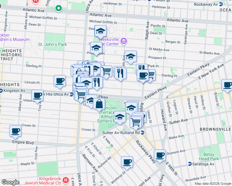 map of restaurants, bars, coffee shops, grocery stores, and more near 1527 Lincoln Place in Brooklyn