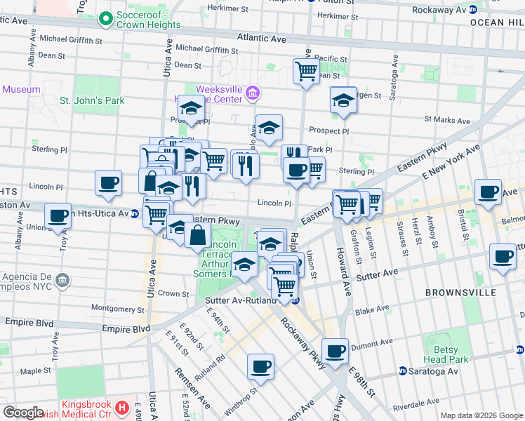 map of restaurants, bars, coffee shops, grocery stores, and more near 1315 Eastern Parkway in Brooklyn