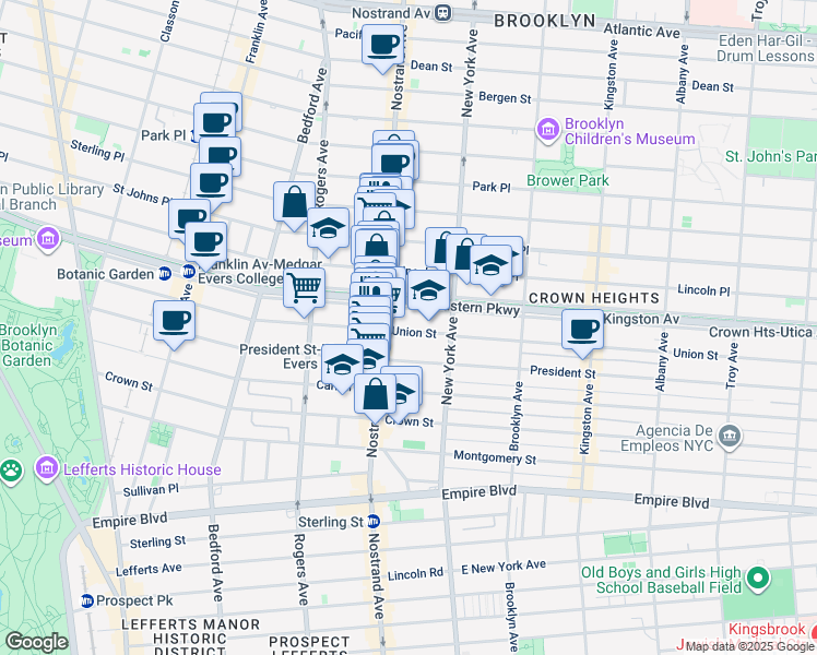 map of restaurants, bars, coffee shops, grocery stores, and more near 1289 Union Street in Brooklyn