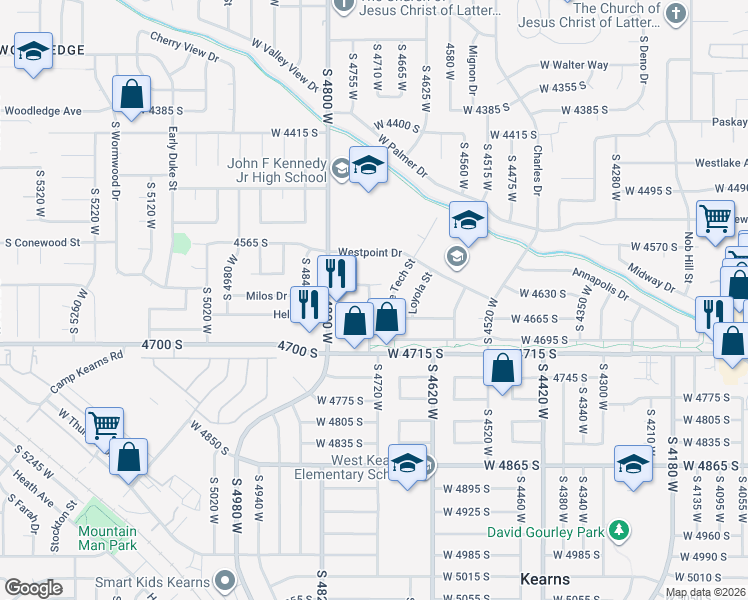 map of restaurants, bars, coffee shops, grocery stores, and more near 4639 South Arlington Park Drive in West Valley City