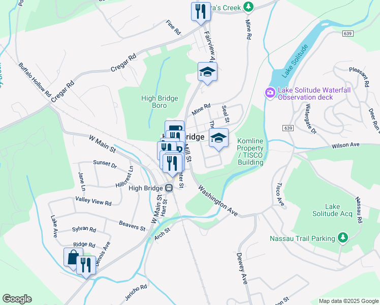 map of restaurants, bars, coffee shops, grocery stores, and more near 17 Mill Street in High Bridge
