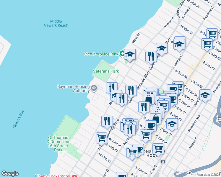 map of restaurants, bars, coffee shops, grocery stores, and more near 169 West 25th Street in Bayonne