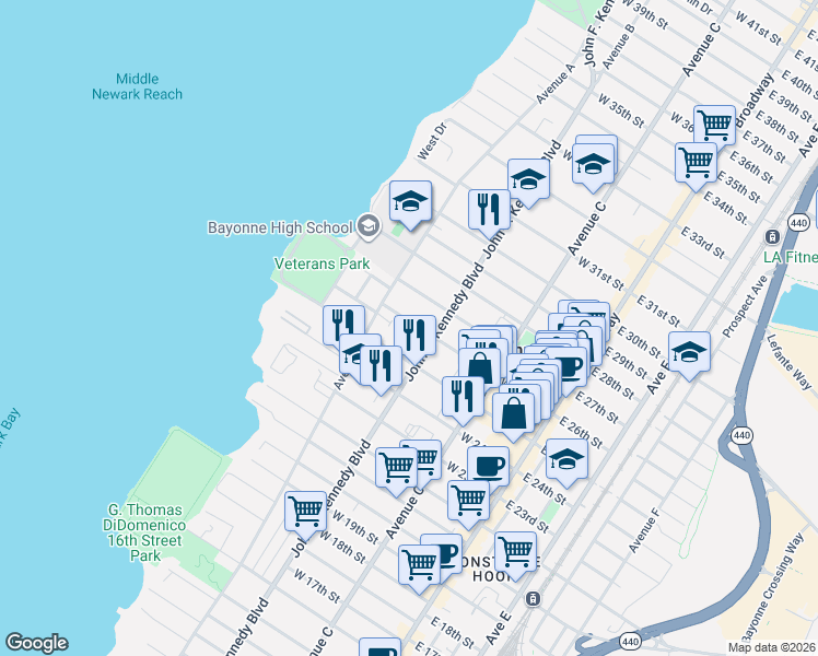 map of restaurants, bars, coffee shops, grocery stores, and more near 122 West 27th Street in Bayonne