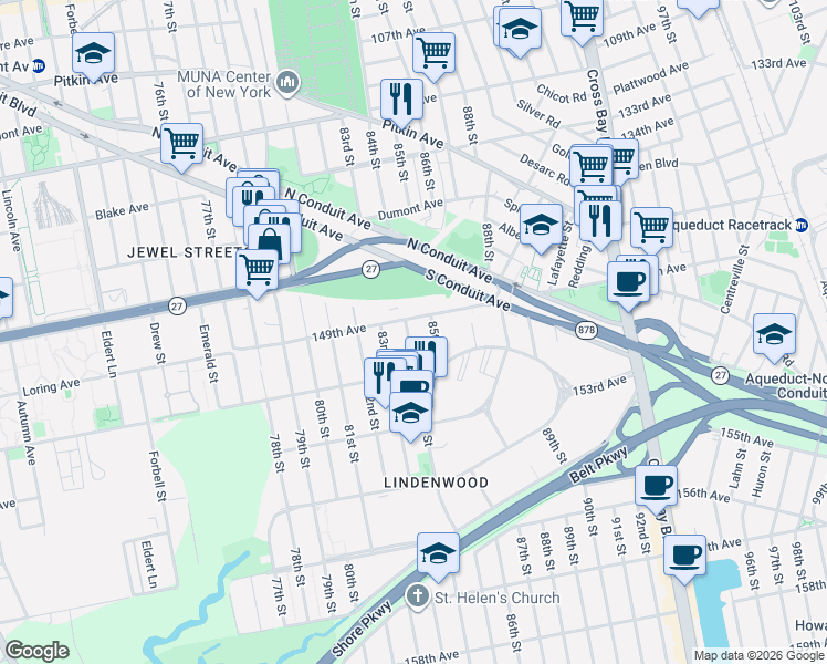 map of restaurants, bars, coffee shops, grocery stores, and more near 149-09 84th Street in Queens