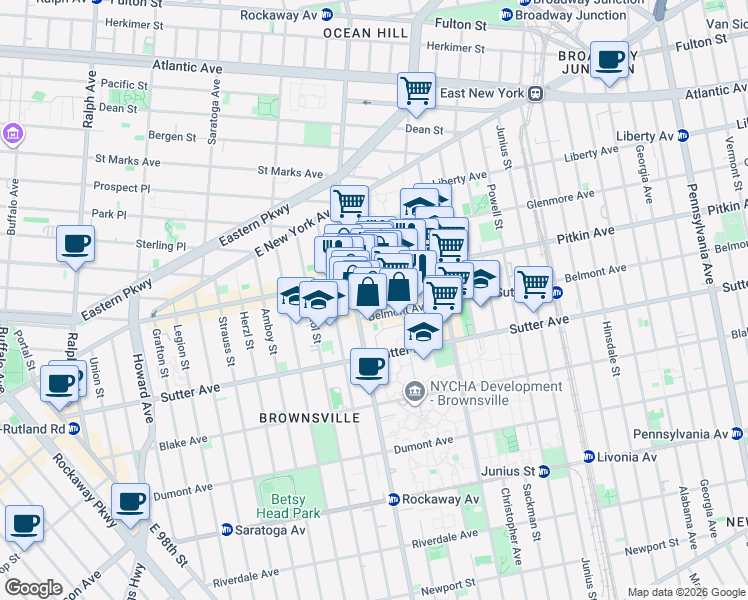 map of restaurants, bars, coffee shops, grocery stores, and more near 1722 Pitkin Avenue in Brooklyn