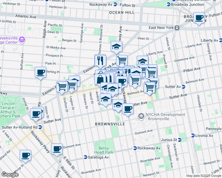 map of restaurants, bars, coffee shops, grocery stores, and more near 85 Bristol Street in Brooklyn