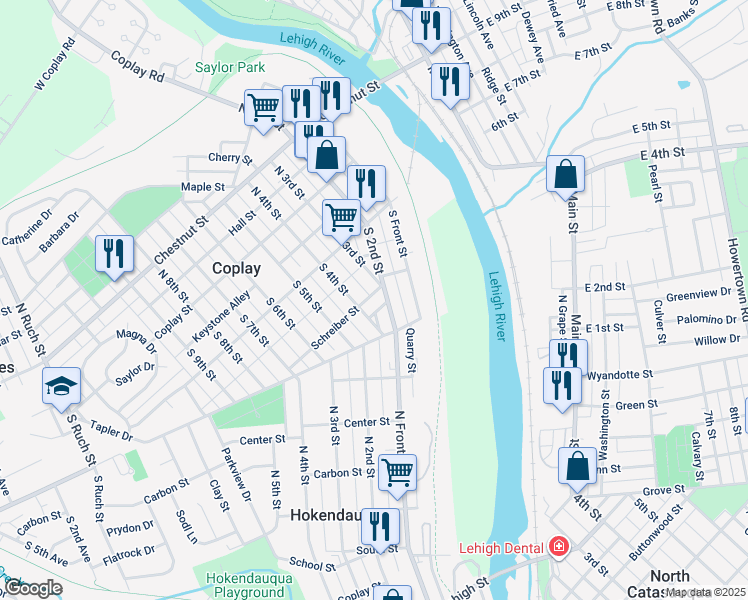 map of restaurants, bars, coffee shops, grocery stores, and more near 315 Schreiber Street in Coplay
