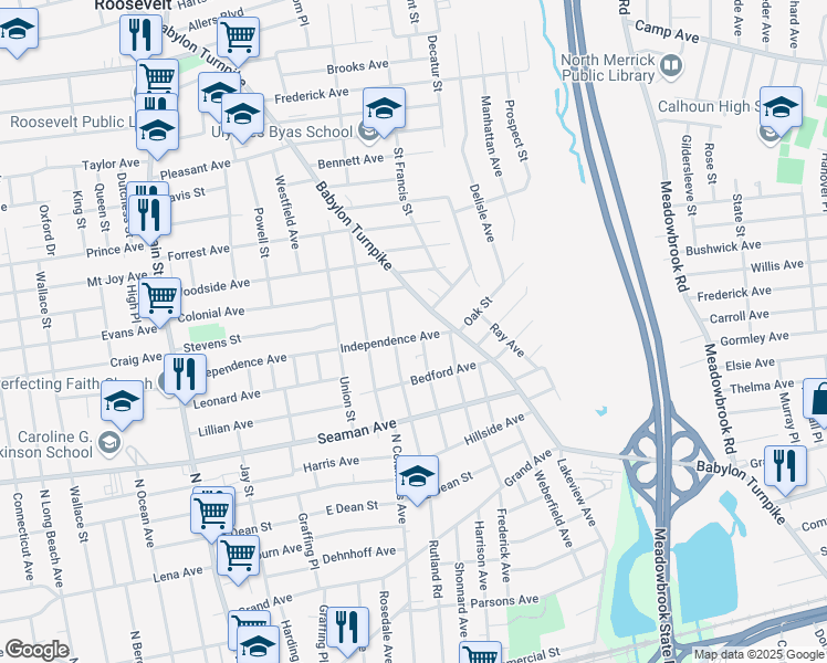 map of restaurants, bars, coffee shops, grocery stores, and more near 217 Independence Avenue in Freeport