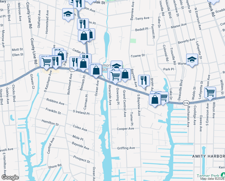 map of restaurants, bars, coffee shops, grocery stores, and more near 217 Merrick Road in Amityville