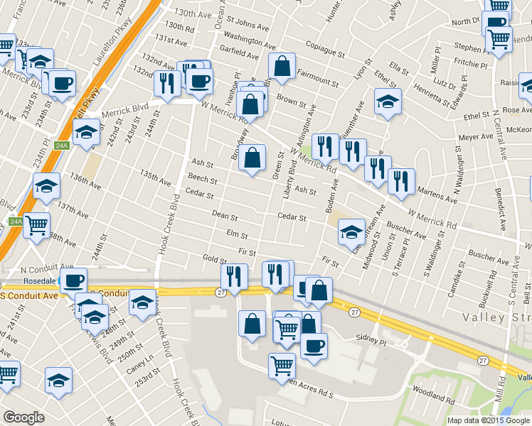 map of restaurants, bars, coffee shops, grocery stores, and more near Cedar St & Green St in Valley Stream