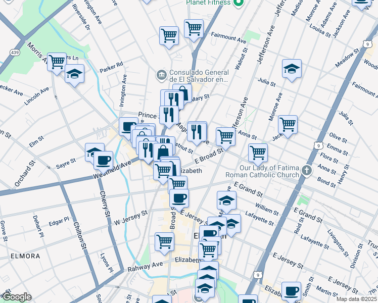 map of restaurants, bars, coffee shops, grocery stores, and more near 1178 Chestnut Street in Elizabeth