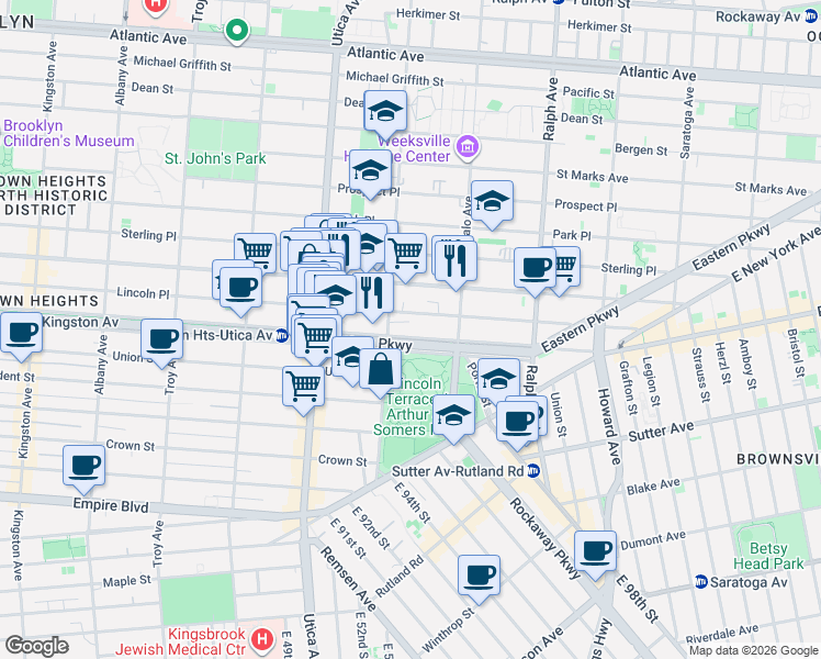 map of restaurants, bars, coffee shops, grocery stores, and more near 1482 Lincoln Place in Brooklyn
