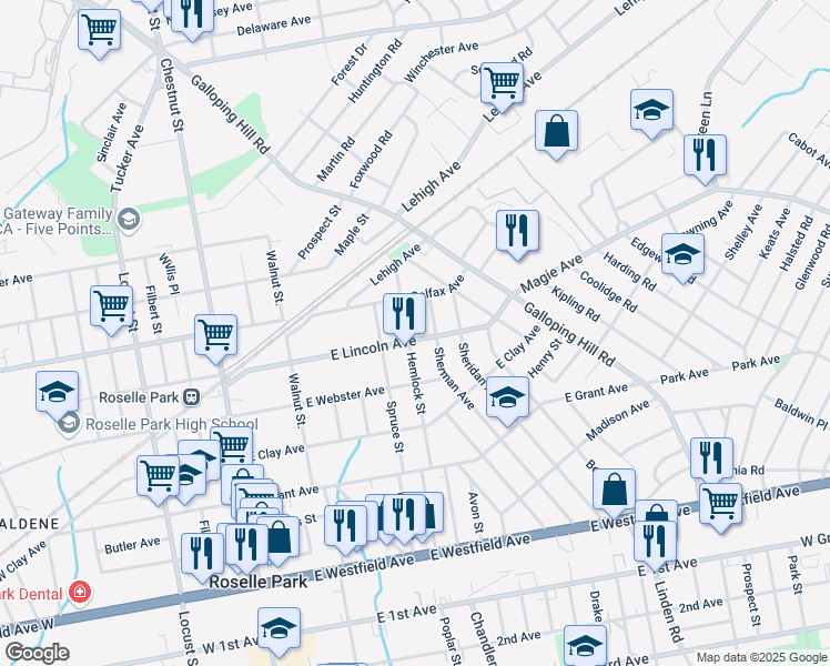 map of restaurants, bars, coffee shops, grocery stores, and more near 616 Sherman Avenue in Roselle Park