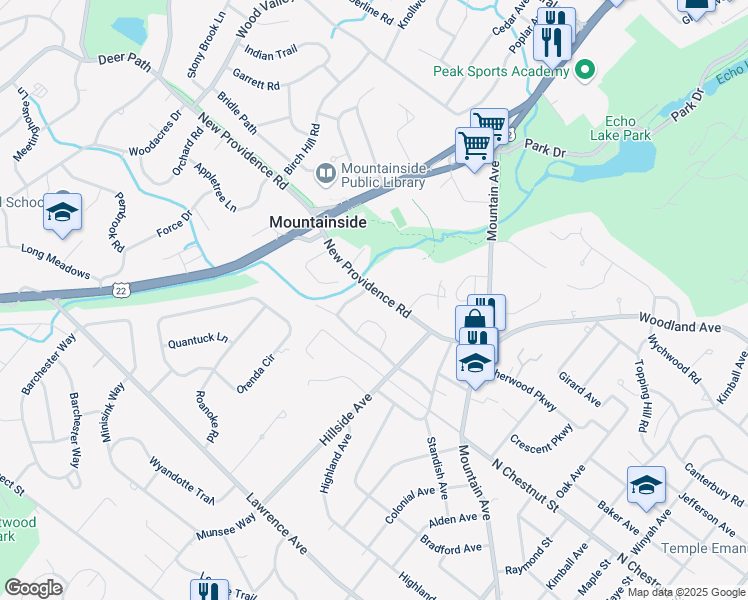 map of restaurants, bars, coffee shops, grocery stores, and more near 157 New Providence Road in Mountainside
