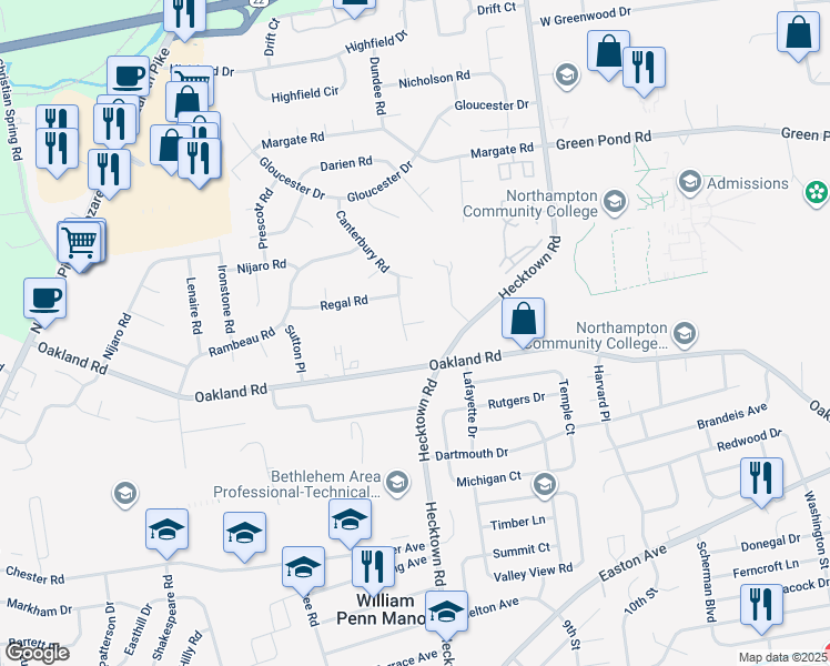 map of restaurants, bars, coffee shops, grocery stores, and more near 3562 Pickwick Place in Bethlehem