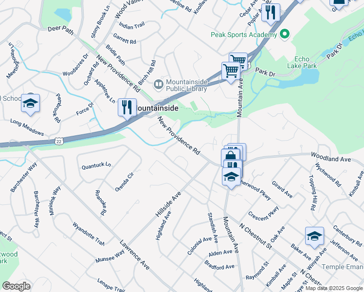 map of restaurants, bars, coffee shops, grocery stores, and more near 157 New Providence Road in Mountainside