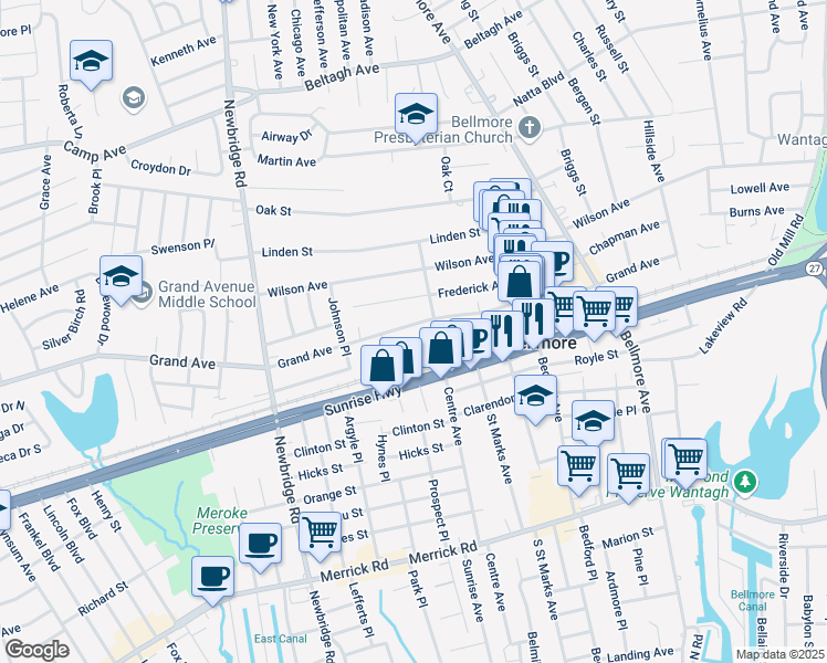 map of restaurants, bars, coffee shops, grocery stores, and more near 2586 Grand Avenue in Bellmore