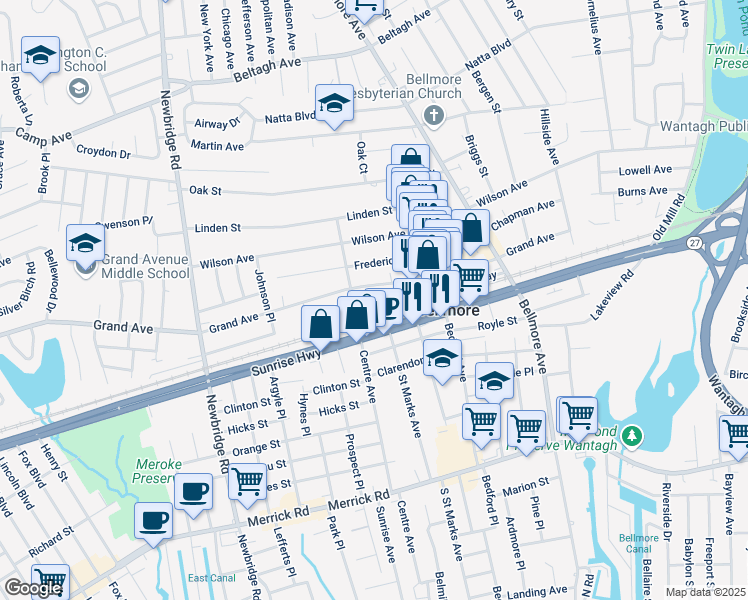 map of restaurants, bars, coffee shops, grocery stores, and more near 2635 Grand Avenue in Bellmore