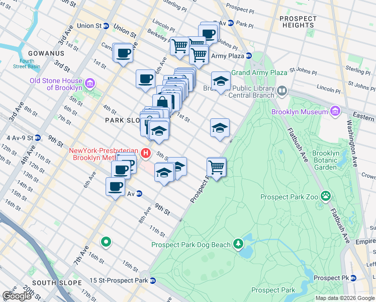 map of restaurants, bars, coffee shops, grocery stores, and more near 582 8th Street in Brooklyn