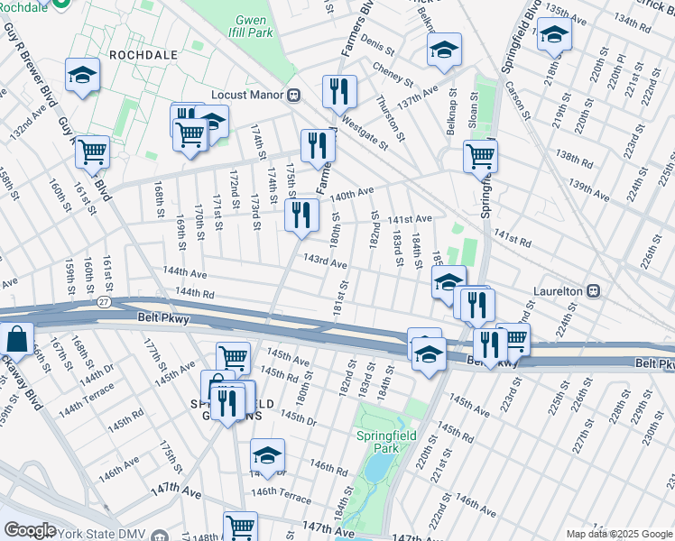 map of restaurants, bars, coffee shops, grocery stores, and more near 180-10 143rd Avenue in Queens
