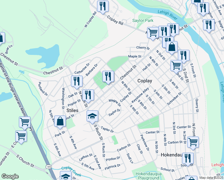 map of restaurants, bars, coffee shops, grocery stores, and more near 871 Chestnut Street in Coplay